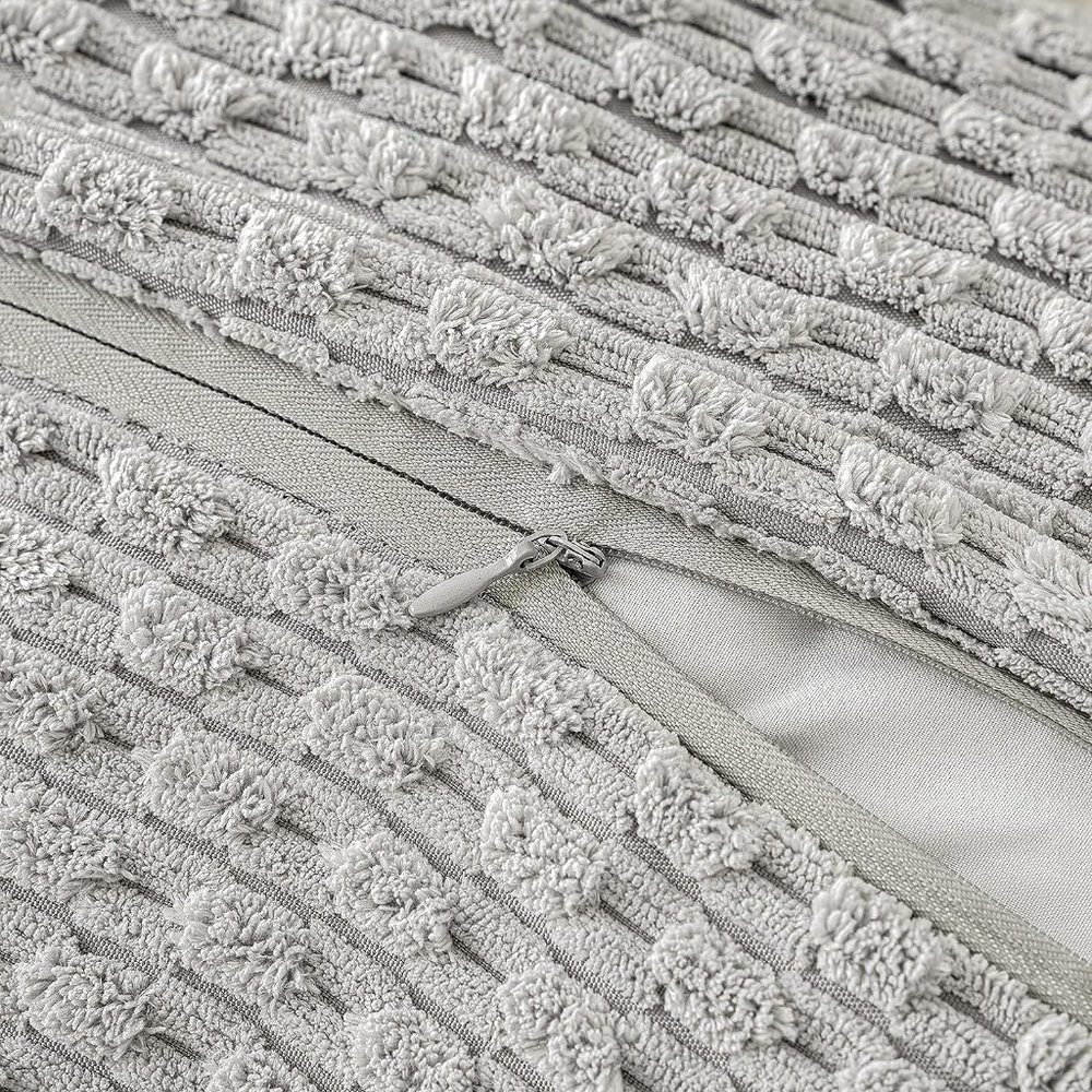 Pompom Grey Stripe Texture Corduroy Farmhouse Cute Luxury Soft Pillow Cover Set - Picture 4 of 7